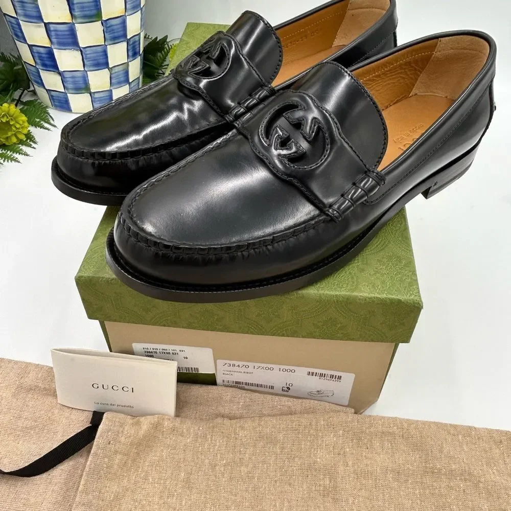 Men’s Gucci interlocking GGleather loafers size 10 fits 11 US made in Italy